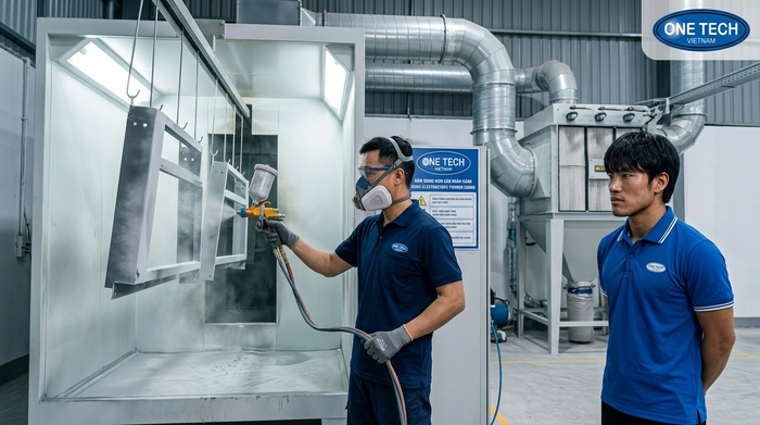 An toàn lao động trong phòng phun sơn tĩnh điện với khẩu trang, găng tay và hệ thống hút lọc bụi