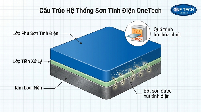 Cấu tạo lớp sơn tĩnh điện Hải Phòng trên bề mặt kim loại Sơ đồ minh họa cấu tạo lớp sơn tĩnh điện trên bề mặt kim loại tại Hải Phòng