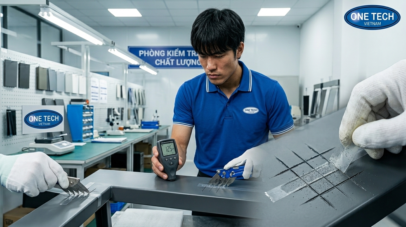 Kiểm tra sơn tĩnh điện bị bong tróc Kiểm tra độ bám dính và độ dày lớp sơn tĩnh điện trước khi sửa chữa