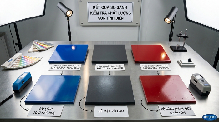 Kiểm tra màu sắc và độ bóng sơn tĩnh điện So sánh màu sắc và độ bóng của lớp sơn tĩnh điện sau khi hoàn thiện