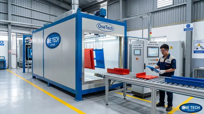 Sấy đóng rắn trong quy trình sơn tĩnh điện Lò sấy đóng rắn bột sơn tĩnh điện tại xưởng