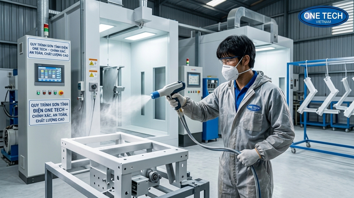 Công đoạn phun sơn tĩnh điện cho kết cấu kim loại Phun bột sơn tĩnh điện lên kết cấu kim loại trong nhà xưởng