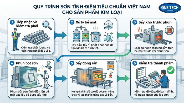 Quy trình sơn tĩnh điện đạt chuẩn Việt Nam Sơ đồ quy trình sơn tĩnh điện đạt chuẩn Việt Nam cho sản phẩm kim loại