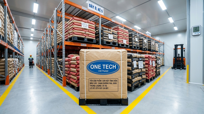 Sắp xếp pallet bột sơn tĩnh điện trong kho theo lô và màu