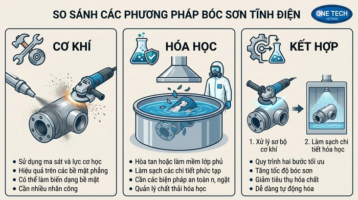 So sánh phương pháp tẩy sơn tĩnh điện So sánh các phương pháp tẩy sơn tĩnh điện cơ học hóa chất và kết hợp