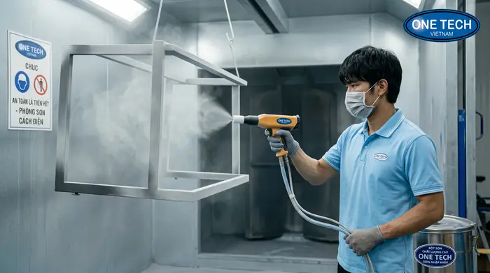 Thiết bị sơn tĩnh điện trong quy trình phun bột Thiết bị sơn tĩnh điện phun bột lên chi tiết kim loại