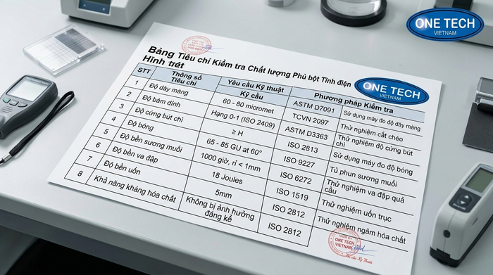 Tiêu chuẩn kiểm tra lớp phủ sơn tĩnh điện Bảng tiêu chí kiểm tra lớp phủ sơn tĩnh điện theo yêu cầu kỹ thuật