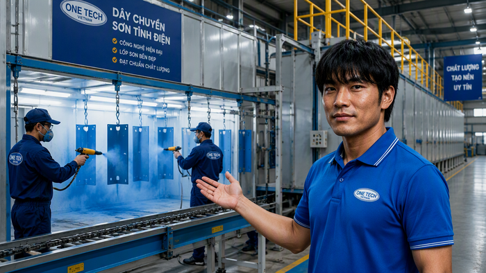 Dây chuyền phun sơn tại cơ sở sơn tĩnh điện uy tín Hải Phòng Cơ sở sơn tĩnh điện uy tín Hải Phòng với dây chuyền phun sơn công nghiệp