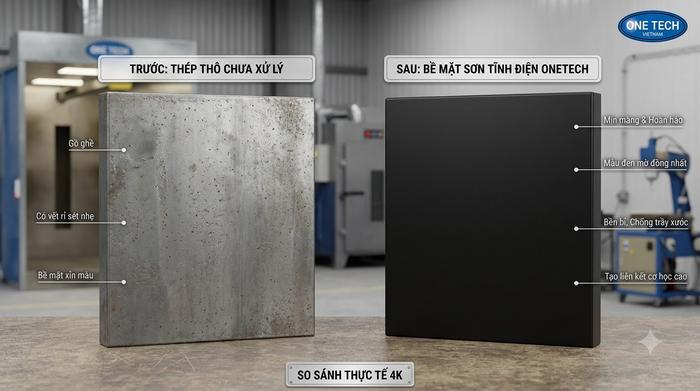 So sánh bề mặt kim loại trước và sau khi sơn tĩnh điện công nghiệp Hải Phòng