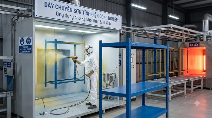 Ứng dụng sơn tĩnh điện cho kệ kho khung thép và thiết bị công nghiệp