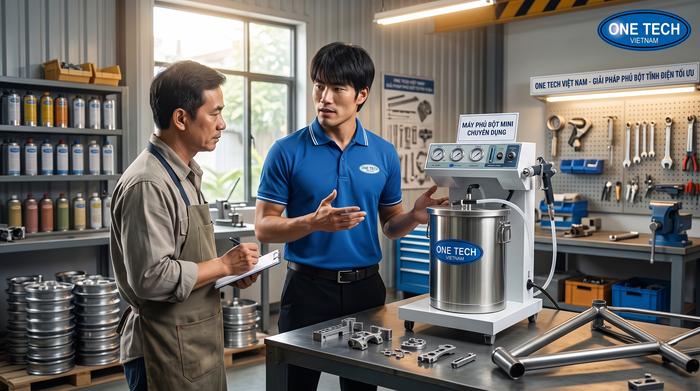 OneTech hỗ trợ tư vấn máy phun sơn tĩnh điện mini Hải Phòng OneTech tư vấn máy phun sơn tĩnh điện mini cho khách hàng tại Hải Phòng